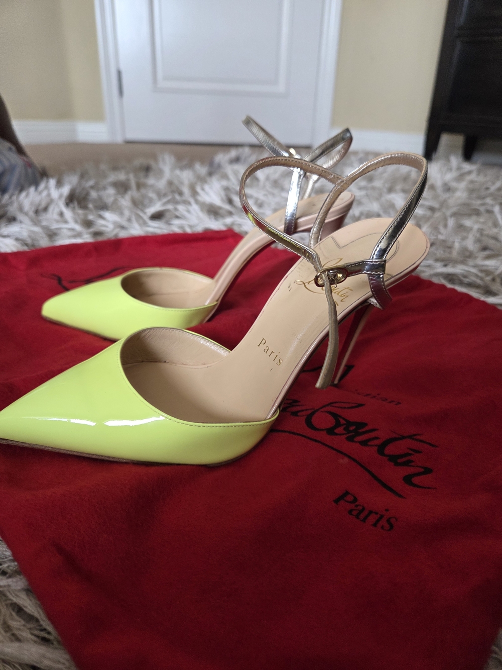 Christian Louboutin Rivierina 100 Neon Yellow Patent Slingback Pumps